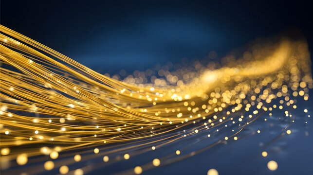 Gold threads with glowing points on a dark background.