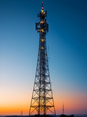 Telecommunication tower sending data through network connections in the evening