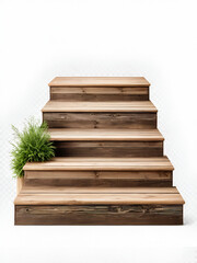 Wooden podium with three rustic steps, isolated on transparent cutout background