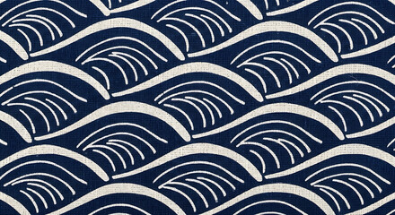 Elegant navy blue fabric with stylized white wave pattern for apparel and textile design evoking classic nautical themes and sophisticated interior decor
