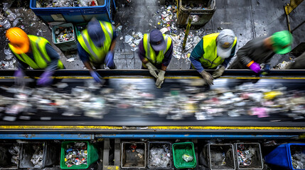 Workers sort recyclables on a conveyor belt recycling sorting