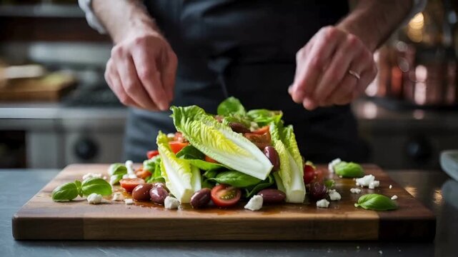 Chef Preparing Fresh Green Salad with Romaine Lettuce, Cherry Tomatoes, Olives, and Feta Cheese