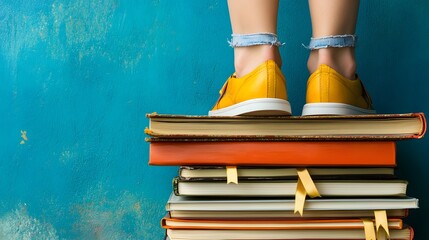 Yellow Shoes on Stack of Books Against Teal Wall