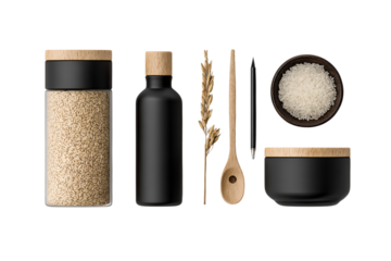 Black and wooden-colored brand identity design with wheat, a pen, and a rice jar on a white isolated on a transparent background in PNG format.