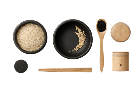 Black and wooden-colored brand identity design with wheat, a pen, and a rice jar on a white isolated on a transparent background in PNG format.