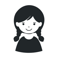 Young girl smiling icon with pigtails in black and white illustration