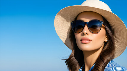 Woman portrait with hat and sunglasses against blue sky