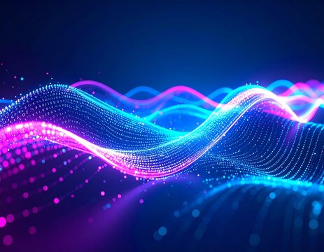 Abstract data streams visualized as flowing binary code waves, neon blue and purple, no readable numbers.