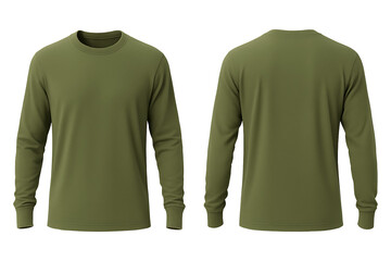Olive green long sleeve t-shirt front and back view mockup isolated on transparent background