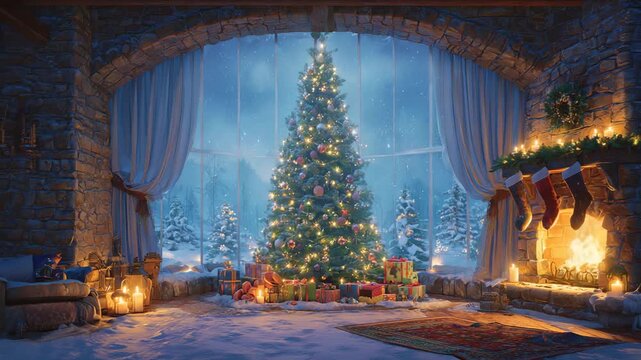 Cozy christmas room with glowing tree, fireplace and gifts creating warm festive winter holiday atmosphere