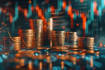Financial investment growth concept with stacks of coins and market data chart.