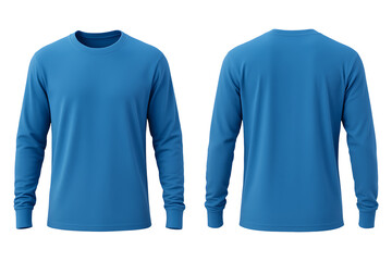 Blue long sleeve t-shirt front and back view mockup isolated on transparent background