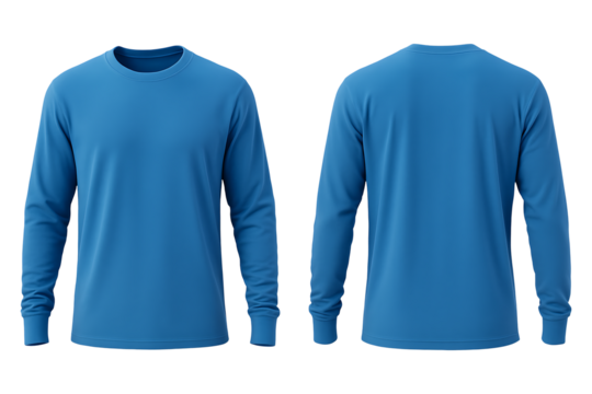 Blue long sleeve t-shirt front and back view mockup isolated on transparent background