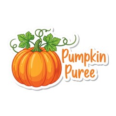 Sticker of ripe pumpkin with green leaves and text pumpkin puree