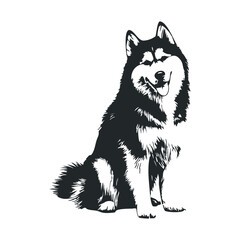 Naklejka premium Black and white illustration of a sitting siberian husky dog