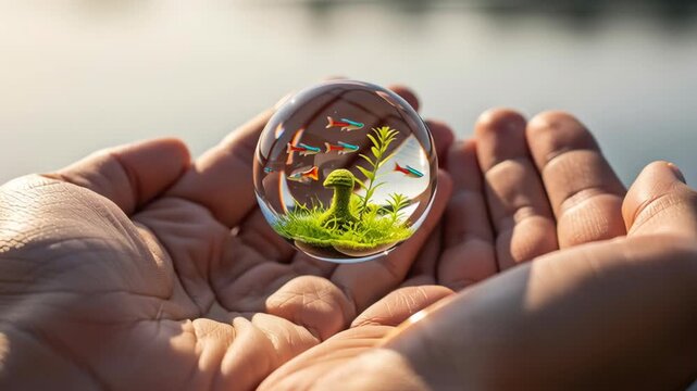 Glass sphere featuring miniature lush green plants, tiny birds, and colorful fish for nature