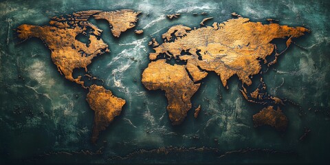 Embossed Golden World Map on Dark Green Texture Background