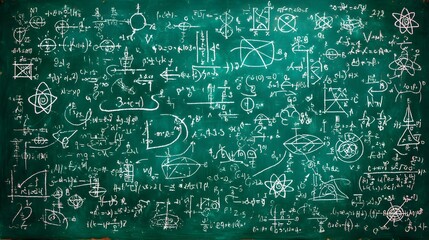 Mathematical formulas and equations densely covering a dark green chalkboard.
