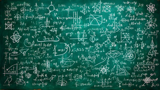 Mathematical formulas and equations densely covering a dark green chalkboard.