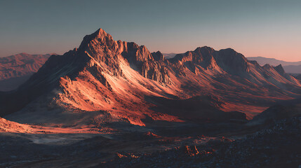 Obraz premium Jagged peaks bathed in warm golden hour light casting dramatic shadows across rugged terrain mountains