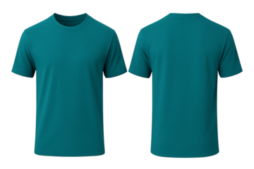 Teal blue short sleeve t-shirt front and back view mockup isolated on transparent background