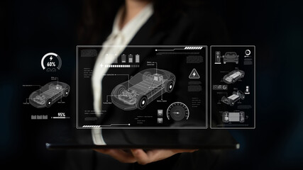 Technical layout of electric vehicle showing battery system, power control, traction motor,...