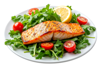  grilled salmon fillet served with fresh arugula salad, cherry tomatoes, lemon, and herbs, isolated on transparent background