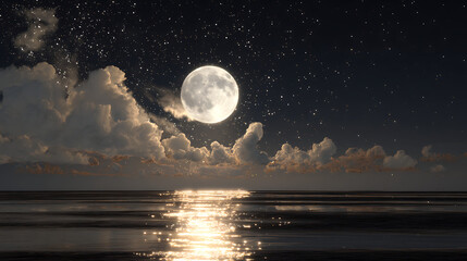 Luminous full moon illuminates starry night sky over calm ocean reflecting shimmering moonlight and dramatic clouds