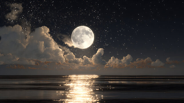 Luminous full moon illuminates starry night sky over calm ocean reflecting shimmering moonlight and dramatic clouds