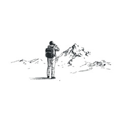 Naklejka premium Male hiker with backpack observing mountain landscape sketch in black and white