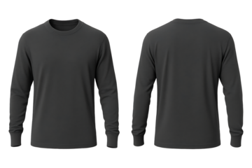 Deep grey long sleeve t-shirt front and back view mockup isolated on transparent background