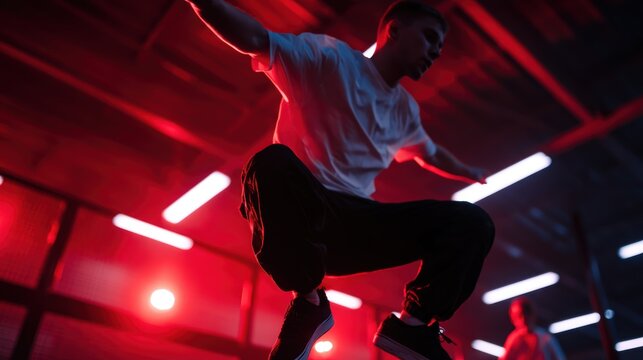 Dynamic urban dancer performing an impressive jump in a vibrant, illuminated gym setting