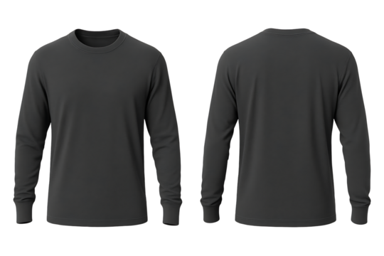 Deep grey long sleeve t-shirt front and back view mockup isolated on transparent background