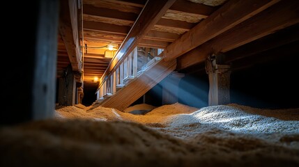 Obraz premium Soft rays of light filter through a wooden structure, illuminating piles of grain stored beneath the floor.