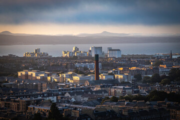 view from Carlton Hill over Firth of Forth at sunset, Edinburgh, scotland, UK 