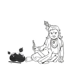 Cute Baby Krishna Illustration with Flute, Matki and Peacock Feather – Janmashtami Vector Art