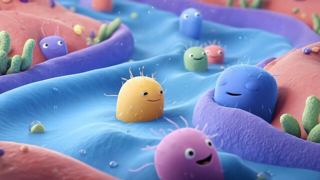 Cheerful pastel microbes bobbing in a wavy blue stream &mdash; friendly cartoon bacteria.