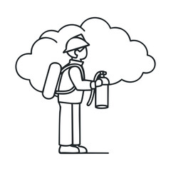 Obraz premium Outline of firefighter using extinguisher with protective gear