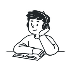 Young male listening to music with headphones while reading a book