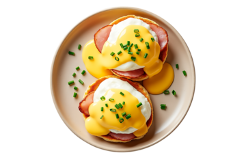  two eggs benedict with ham and hollandaise sauce, isolated on transparent background