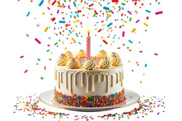 birthday cake with lit candle and colorful confetti isolated on transparent background