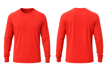 Red long sleeve t-shirt front and back view mockup isolated on transparent background