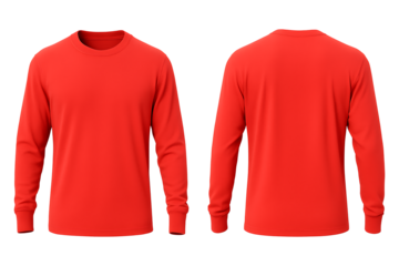 Red long sleeve t-shirt front and back view mockup isolated on transparent background