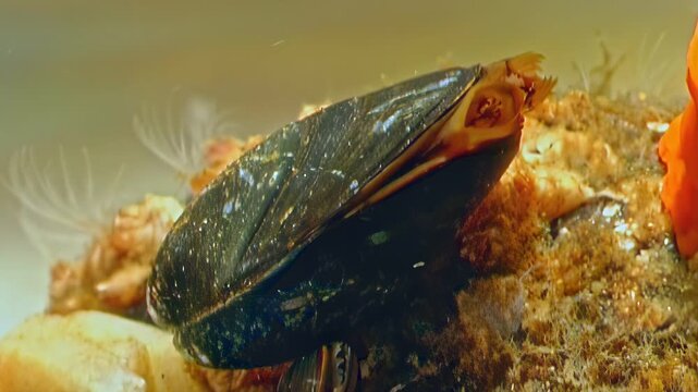 Observe an Arctic mussel filter-feeding in its natural habitat. Macro focus reveals intricate details of this underwater invertebrate in the White Sea. Amazing adaptation.