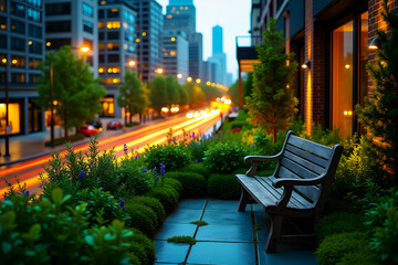 Urban oasis with a bench overlooking a city at night