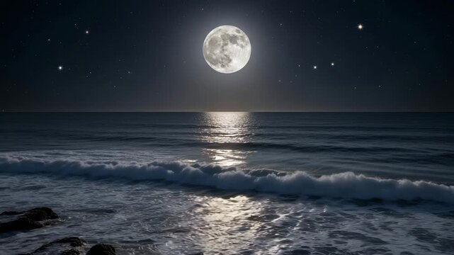 Majestic full moon illuminates calm ocean waves under a star-filled night sky with shimmering moonlight reflection 4K Ai HD video.
