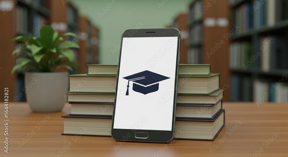 Poster A smartphone displaying a graduation cap icon resting on a stack of books in a library setting