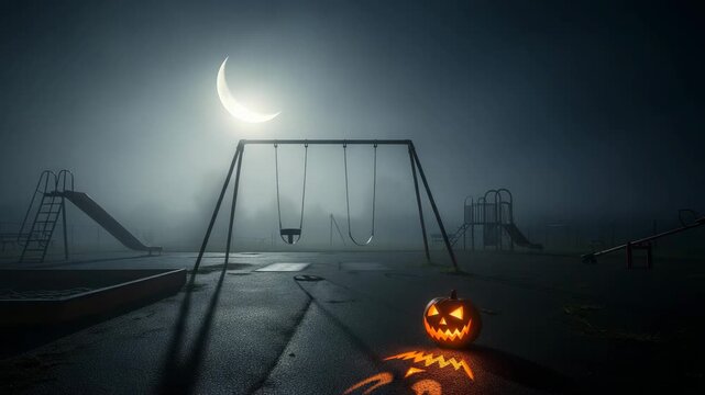 Spooky Halloween scene: a jack-o'-lantern illuminates an abandoned playground in the fog under a large crescent moon. An atmosphere of horror and mystery.