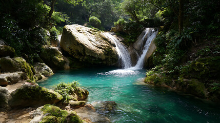 Naklejka premium Lush green forest surrounds a cascading waterfall into a clear turquoise pool turquoise water rocks