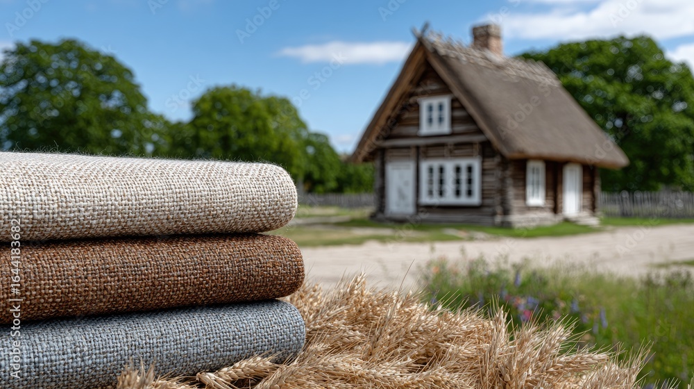 Aufkleber softly textured gray fabric is folded on a wooden table with charming old architecture and greenery 
